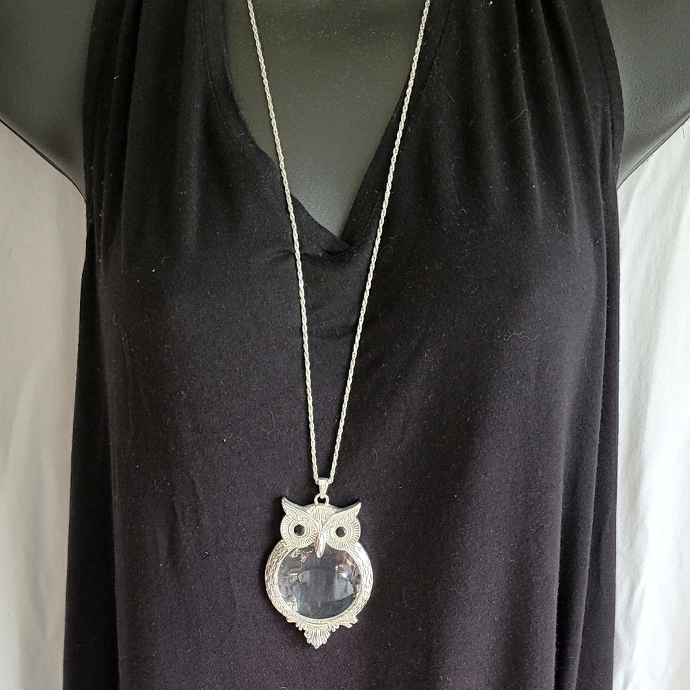 Large owl magnifying glass necklace